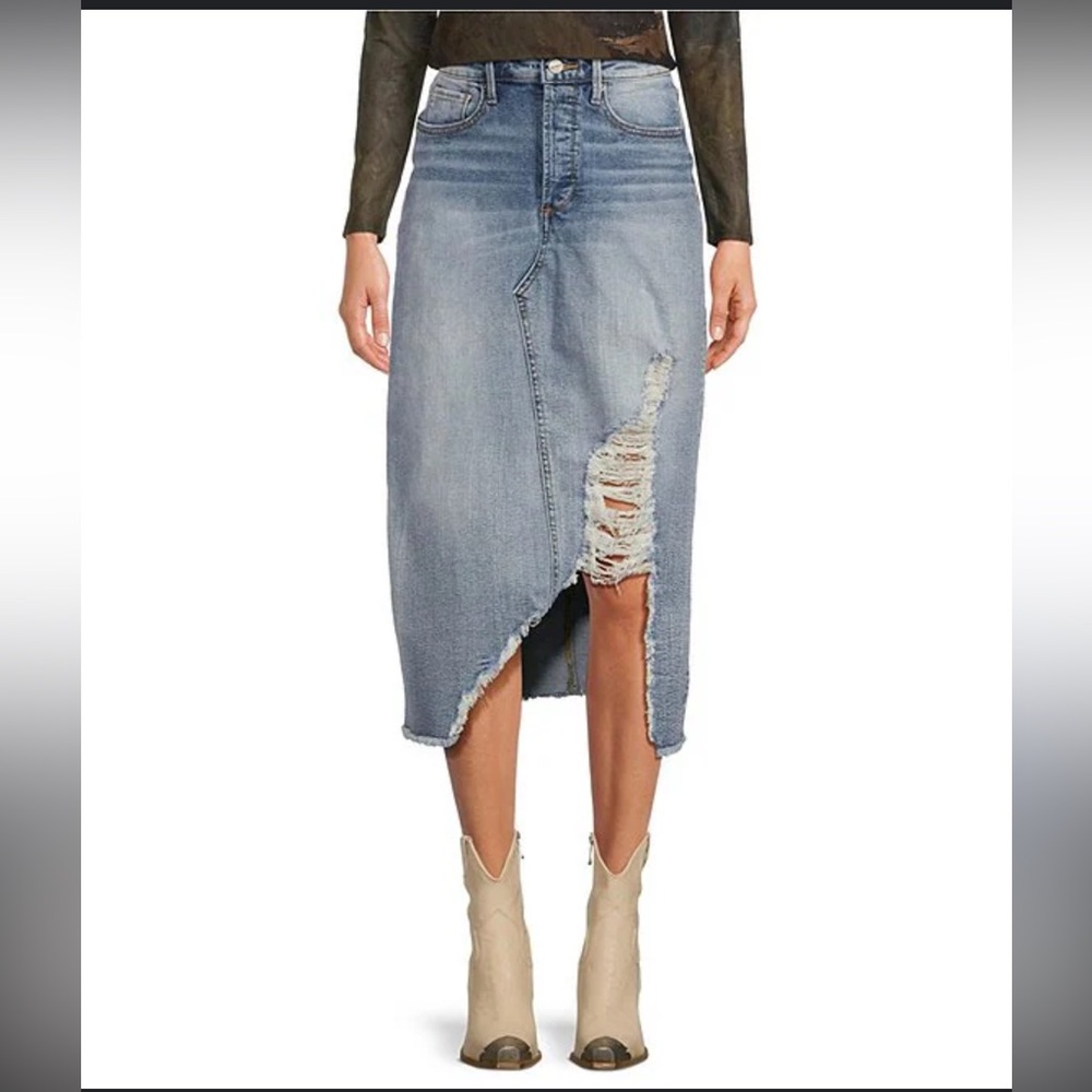 Driftwood
Light Wash Denim Ultra Distressed High Rise A-Line Midi Skirt